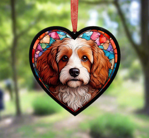 Cavapoo Brown & White Stained Glass Effect Heart Suncatcher